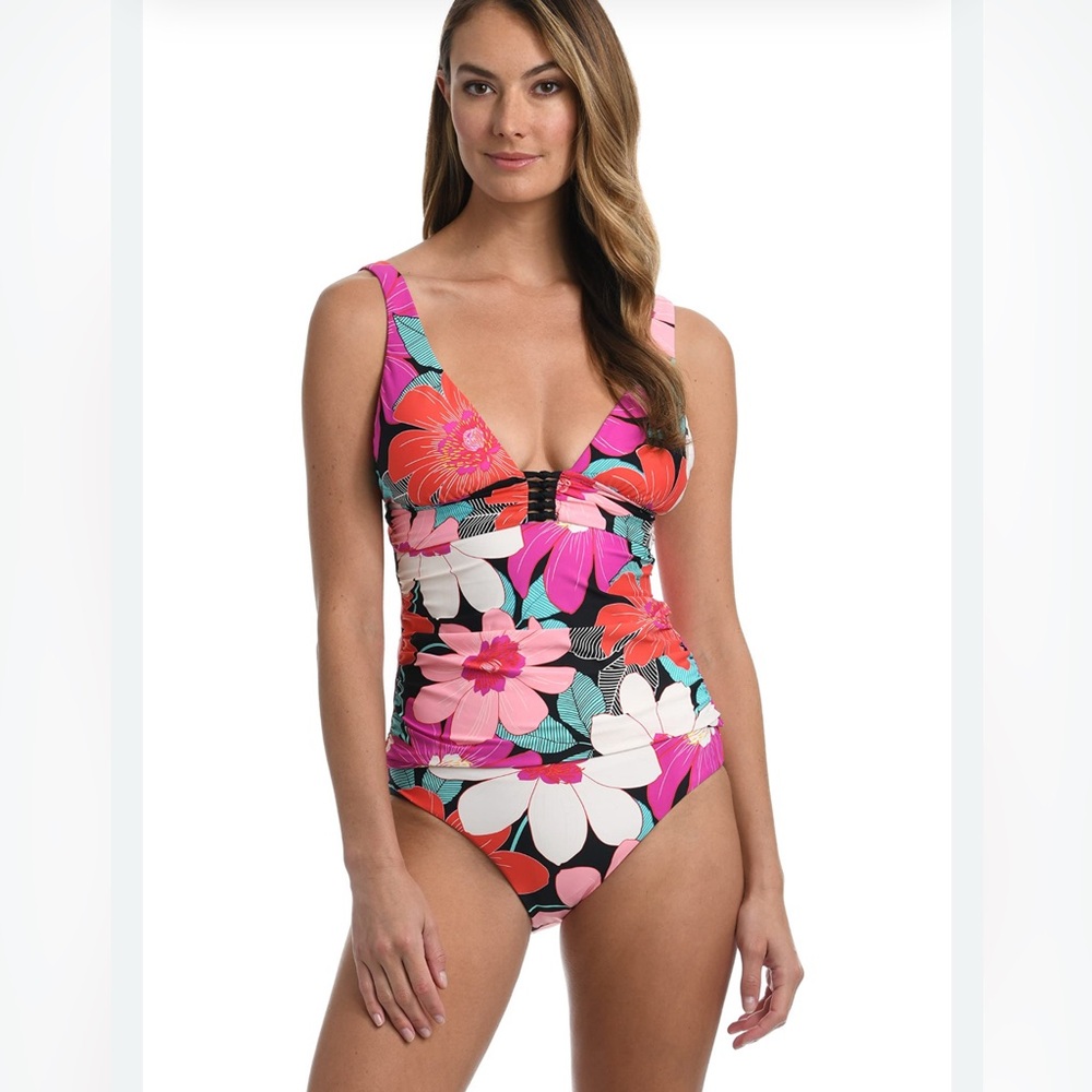 NWT La Blanca Tankini 2 Piece Set Size 16 Colorful Floral Swimsuit Tummy Control